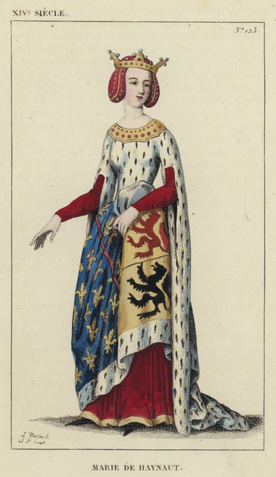 XIV Century, Marie de Haynaut (renkli gravür) by French School