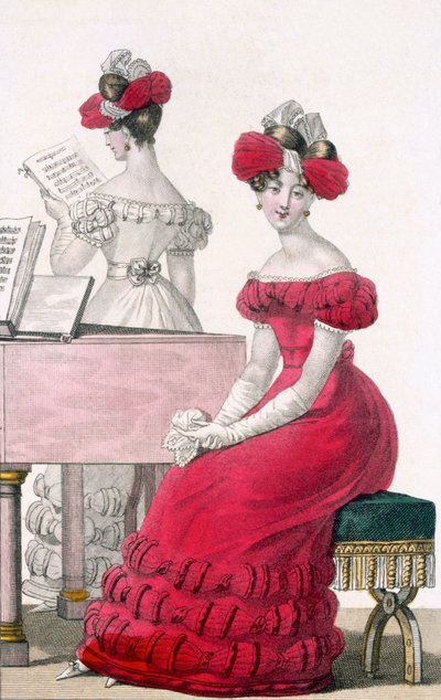 Ayrıntılı Başlıklı Krep Abiye Genç Kadın, Modes de Paris reklamı, 1825 dolayları by French School