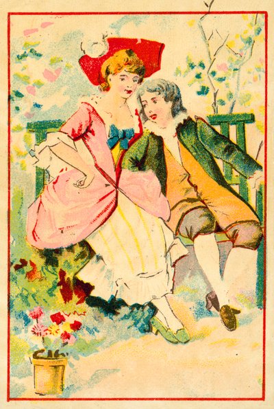 Bir bahçede bir bankta genç çift (chromolitho) by French School