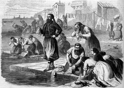 Fransız ordusunun Zouaves çamaşırlarını yıkıyor. İtalya, Risorgimento de 1859. “Le Monde Illustré” n°122, 13 Ağustos 1859 tarihli gravür. by French School