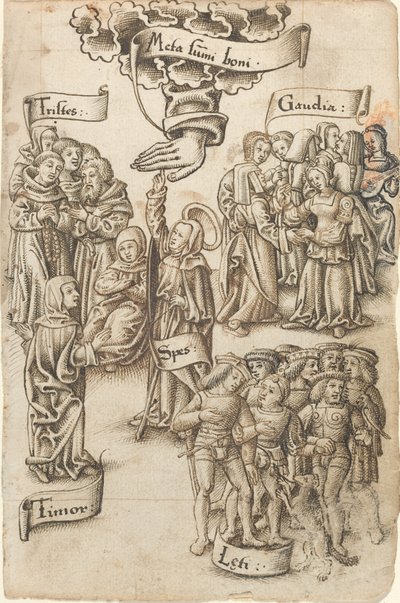 Umut, Cennete Ulaşmak, Üzgün ve Mutlu İnsanların, Sevinçlerin ve Korkunun Arasında Durur [fol. 19 rekto] by French early 16th Century