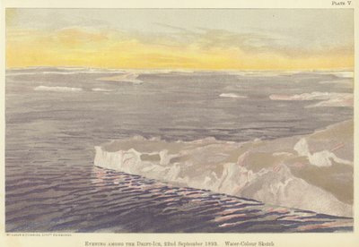 Sürüklenen buzlar arasında akşam, 22 Eylül 1893, sulu boya eskiz (renkli taş) by Fridtjof Nansen