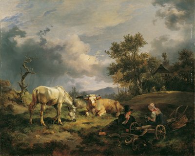 Tarlada oturan genç köylü çift by Friedrich August Mathias Gauermann