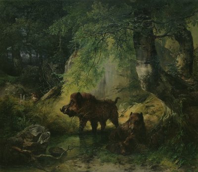 yaban domuzu ve kurt by Friedrich Gauermann