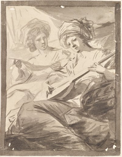 Mandolinli iki kadın (Victoire ve Sophie von Fries kız kardeşlerin çifte portresi için çalışma mı?) by Friedrich Heinrich Fuger