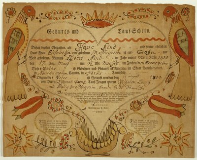 Doğum ve Vaftiz Belgesi, c. 1790-1800 (oxgall mürekkebi, sulu boya ve serilmiş kağıt üzerine gravür) by Friedrich Krebs