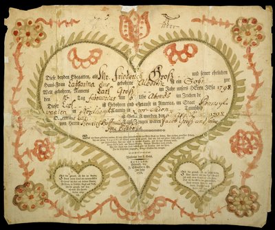 Doğum ve Vaftiz Belgesi, c. 1800 (oxgall mürekkebi, sulu boya ve kağıt üzerine gravür) by Friedrich Krebs