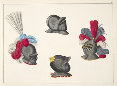 Miğferler, Dr. Franz Kottenkamp'ın 'A History of the Development and Customs of Chivalry'den bir levha, Carl Hoffmann tarafından yayınlanmış, 1842 by Friedrich Martin von Reibisch