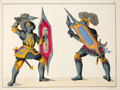 Dövüşen iki şövalye, Dr. Franz Kottenkamp'ın 'A History of the Development and Customs of Chivalry'den bir levha, Carl Hoffmann tarafından yayınlandı, 1842 by Friedrich Martin von Reibisch