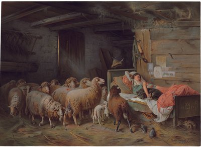 19. yüzyılın sonlarında - 20. yüzyılın başlarında, yanında başıboş bir sürü, köpeğiyle uyuyan bir çobanı gösteren plaket by Friedrich Otto Gebler