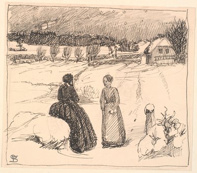 Karda uzun siyah giysiler içinde bir eş oturuyordu... by Fritz Syberg