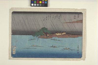 Karasaki'de Gece Yağmuru (renkli tahta baskı) by Fusatane Utagawa