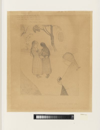 Üç genç kız bir yolda, önlerinde bir kitapla by G.F. Clement