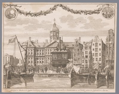 Amsterdam'daki Dam Meydanı'ndaki kalabalık, IV. William'ın stadtholder ilanını kutluyor 2 Mayıs 1747'de Amsterdam'a kadar yapılan, IV. Prens William'ın Hollanda'nın stadtholder vb. by G.J. Marstaller