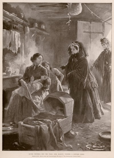 Kraliçe Victoria ve yoksullar: Kraliçe bir kulübeyi ziyaret ediyor (fotogravür) by G.S. (after) Amato