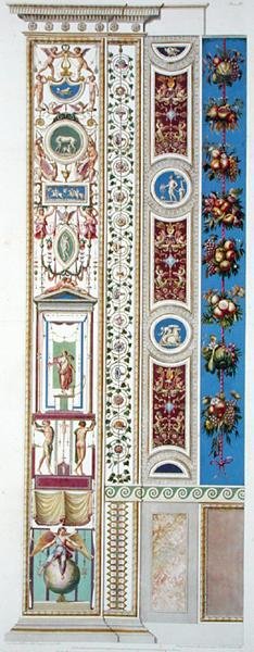 Vatikan'daki Raphael Loggia'dan pano, 'Delle Loggie di Rafaele nel Vaticano'dan, Giovanni Ottaviani (c.1735-1808) tarafından oyulmuş, c.1772-77 yayınlanmış (el renkli gravür) by G. and Camporesi P. Savorelli