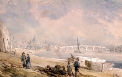 Düşük gelgitte Thames ve Blackfriars Köprüsü, Londra, 1847 by G Chaumont