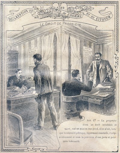 1789: İnsan ve yurttaş hakları beyannamesi: Mülkiyet hakkı. İlkokulun üç dersinin ve Liseler ve Kolejlerin ilk sınıflarının öğrencilerine yönelik "Etik ve yurttaşlık eğitiminin eşsiz kitabı"nda gravür, by G. Dascher