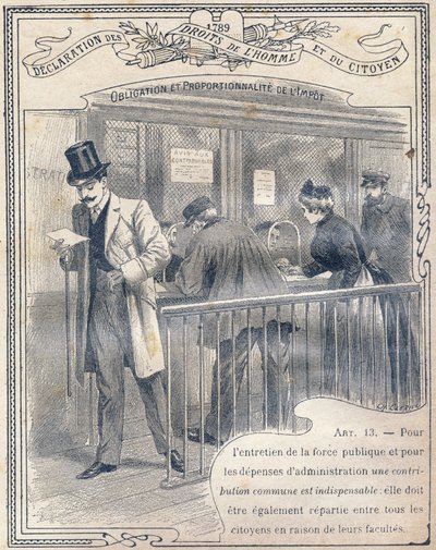 1789: İnsan ve Yurttaş Hakları Bildirgesi: Verginin Yükümlülüğü ve Orantılılığı. İlkokulun üç dersinin ve ilkokulun ilk sınıflarının öğrencilerine yönelik "Etik ve yurttaşlık eğitiminin eşsiz kitabı" ndaki gravür by G. Dascher