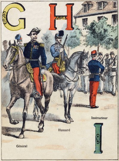 Harfler G H I: General, Hussard ve Eğitmen. "Alphabet militaire" de gravür, Grand-Bebe serisi. Oymak. Pont-a-Mousson görüntüleme. Louis Vagne, Yazıcı-Yayıncı, yaklaşık 1900. Çizimler, G. Dascher. 20 sayfa. Karartma: 31,5x24,5cm by G. Dascher
