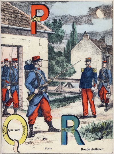 Harfler P Q ve R: Mesaj, Qui vive! ve Memur Turu. "Alphabet militaire"de gravür, Grand-Bebe serisi. Oymak. Pont-a-Mousson görüntüleme. Louis Vagne, Yazıcı-Yayıncı, yaklaşık 1900. Çizimler, G. Dascher. 20 sayfa. Karartma: 31,5x24,5cm by G. Dascher