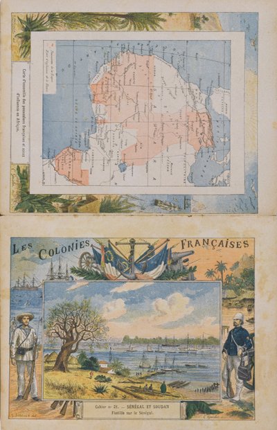Afrika'daki Fransız mülklerinin ve etki alanlarının haritası ve Senegal Nehri'nin bir görünümü, bir okul alıştırma kitabının kapağı, 19. yüzyılın sonlarında (renkli gravür) by G. Dascher