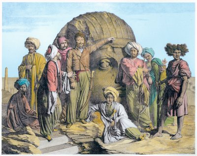 Arkeolog Bernardino Drovetti, Mısır çölünde devasa bir kafayı ölçerken, 1819 by G Engelmann