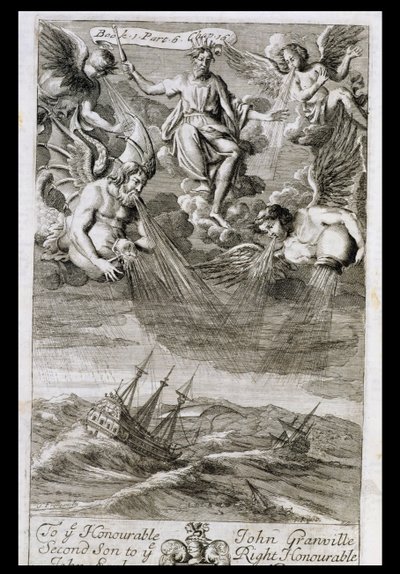 Jüpiter Okyanusa Fırtına Atıyor, Anthony Le Grand tarafından yazılan 'Felsefenin İlkeleri'nin Kitap 1 Kısım 6 Bölüm 16'dan bir örnek, Johannes Kip (16523-1722), 1694 by G Freman