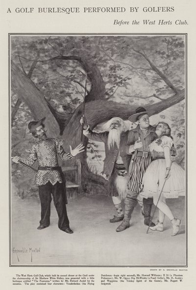 West Herts Club'ın yıllık akşam yemeğinde golfçüler tarafından gerçekleştirilen bir golf burlesque (litho) by G. Grenville Manton