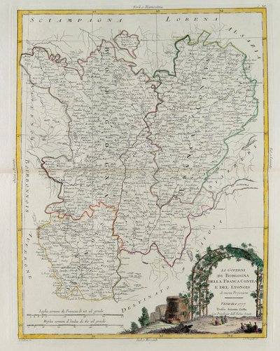 Bourgogne, Franca Contea ve Lyons'un Yönetişimleri, G. Zuliani'nin 1777'de Antonio Zatta tarafından Venedik'te yayınlanan En Yeni Atlas'ın Cilt I'inden alınan gravürü, Özel Koleksiyon by G. Zuliani
