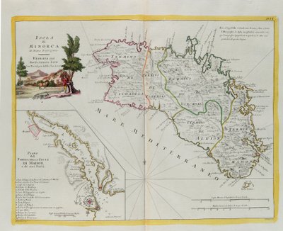 Minorka Adası ve liman planı, Mahon şehri ve kaleleri, G. Zuliani'nin Venedik'te Antonio Zatta tarafından 1778'de yayınlanan "En Yeni Atlas"ın Cilt I'inden alınan gravürü, Özel Koleksiyon by G. Zuliani