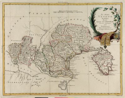 Veneto Eyaleti'nin eyaletlerine bölünmüş arazi alanı, G. Zuliani'nin 1782'de Antonio Zatta tarafından Venedik'te yayınlanan "En Yeni Atlas"ın II. Kitabından alınan gravürü, Özel Koleksiyon by G. Zuliani