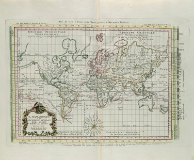 G. Zuliani'nin 1774'te Antonio Zatta tarafından Venedik'te yayınlanan "En Yeni Atlas"ın Cilt I'inden alınan gravür, Dünya Haritası ve bir resme indirgenmiş yerkürenin genel bir tanımı by G. Zuliani