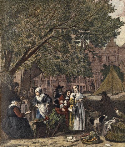 Amsterdam Bitki Pazarı. Gabriel Metsu (1629-1667) tablosundan sonraki 19. yüzyıl gravürü. by Gabriel (after) Metsu