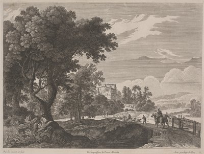 Köprüden Geçen Yolcularla Manzara (gravür ve gravür) by Gabriel (after) Perelle