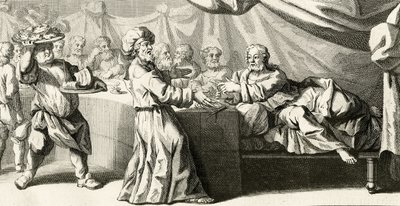 İsa, Ferisi ile akşam yemeğine davet edildi, Aziz Luka İncili'nden bir örnek, bölüm 11:37, 1728 by Gabriel Francois Louis Debrie