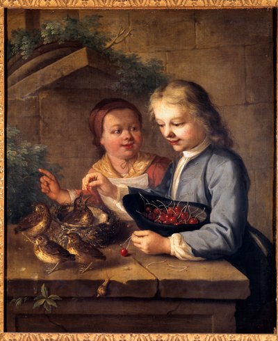 Dexu çocuk becquee, kuşlara kiraz verir. Gabriel Gresly (1712-1756) tarafından tablo 18. yüzyıl Dijon, Güzel Sanatlar Müzesi by Gabriel Gresly