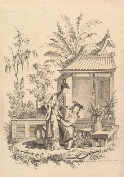 Bir manzara, 18. yüzyıl figürleri ile Chinoiserie sahnesi. by Gabriel Huquier