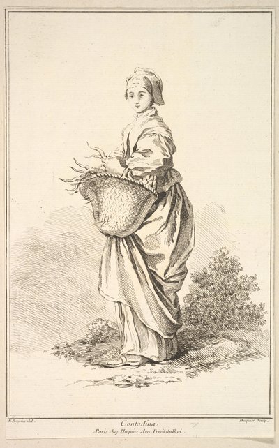 Contadina, F. Boucher P.. tarafından icat edilen çeşitli yabancı figürlerin koleksiyonundan, 18. yüzyıl. by Gabriel Huquier