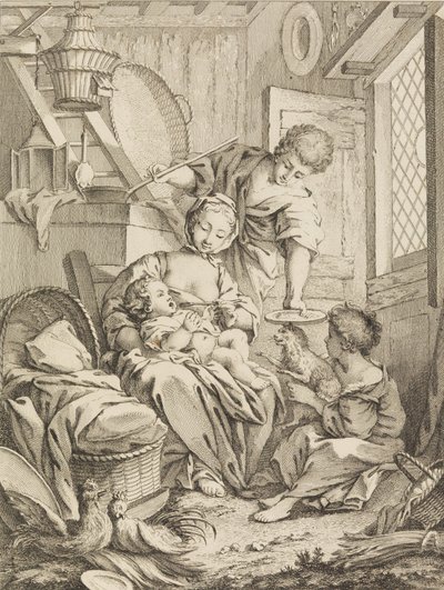 Levha 1: Bebeğini Besleyen Genç Kadın, Premier Livre de Subjects et Pastorales Fi..., 1720-72. by Gabriel Huquier
