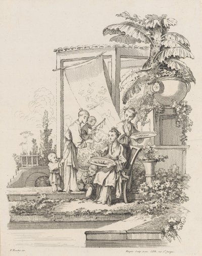 Çocukları ve Hizmetçileri Oturan Kadın, ca. 1738-45. by Gabriel Huquier