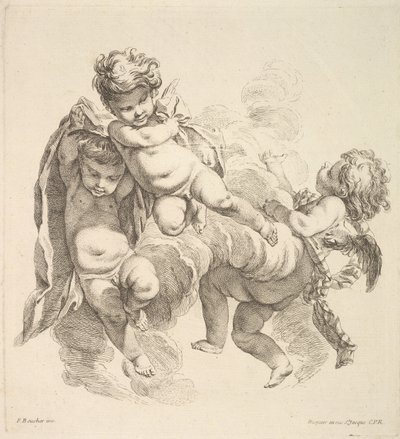 Perde Taşıyan Bulutlar Arasında Üç Çocuk, 1738-45. by Gabriel Huquier