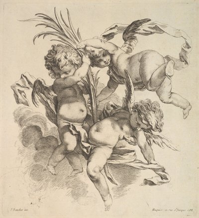 Palmiye Yaprağının Yanında Bulutların Arasında Üç Çocuk, 1738-45. by Gabriel Huquier