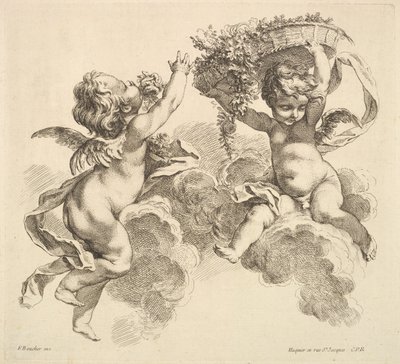 İki Çocuk, Biri Çiçekli Sepet Tutuyor, 1738-45. by Gabriel Huquier