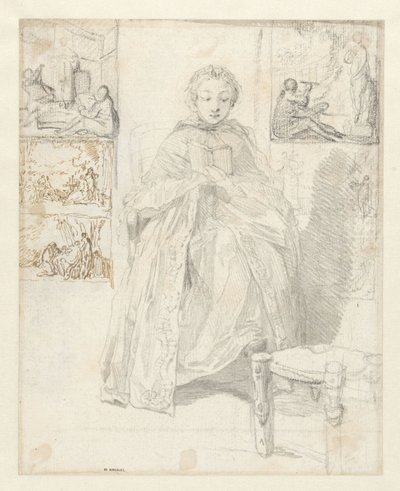 Bir okuma kadın ve bazı eskizler ile çalışma sayfası by Gabriel Jacques de Saint Aubin
