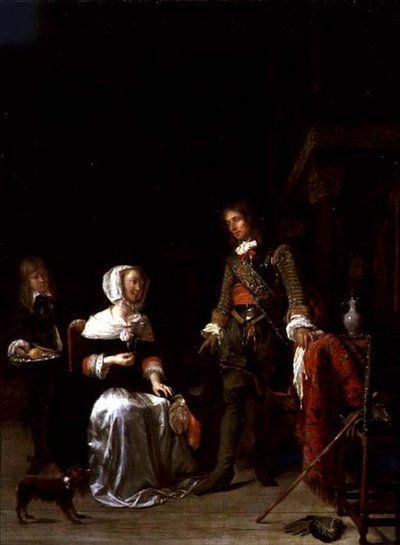 Genç bir bayanı ziyaret eden bir asker by Gabriel Metsu