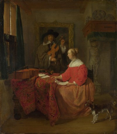 Masada Oturan Kadın ve Keman akort eden bir Erkek, c. 16571658 by Gabriel Metsu
