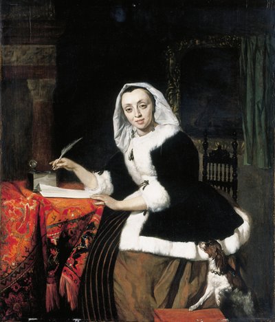 Yanında bir köpekle masasında yazan zarif bir bayan by Gabriel Metsu