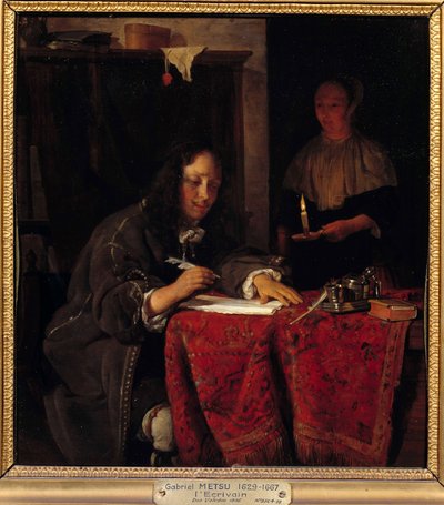 Yazar. Kâtibin yazması için ışık olsun diye hizmetçi bir mum tutar by Gabriel Metsu