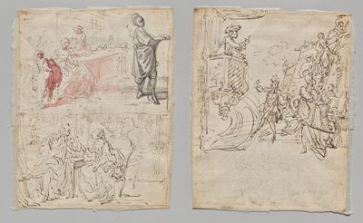 Tiyatro Sahnesi (rekto); İç Giyim Butiği ve Sohbet (verso) by Gabriel de Saint Aubin